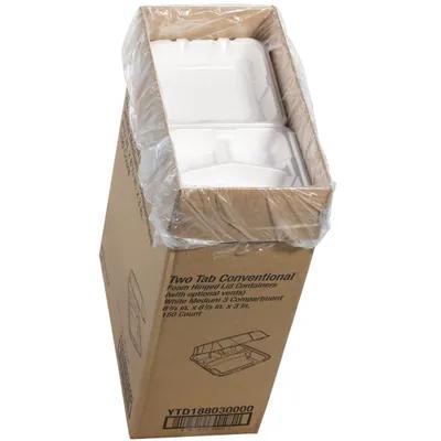 Take-Out Container Hinged With Dome Lid 8.4X8X3 IN 3 Compartment Polystyrene Foam White Square Closing Tabs 150/Case