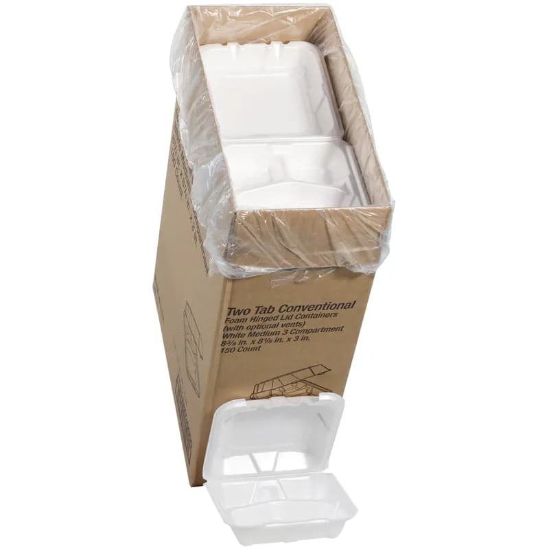 Take-Out Container Hinged With Dome Lid 8.4X8X3 IN 3 Compartment Polystyrene Foam White Square Closing Tabs 150/Case
