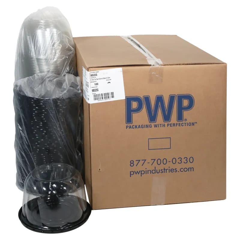 Cake Container & Lid Combo With Dome Lid 5.25 IN PET Clear Black Round Swirl 100/Case