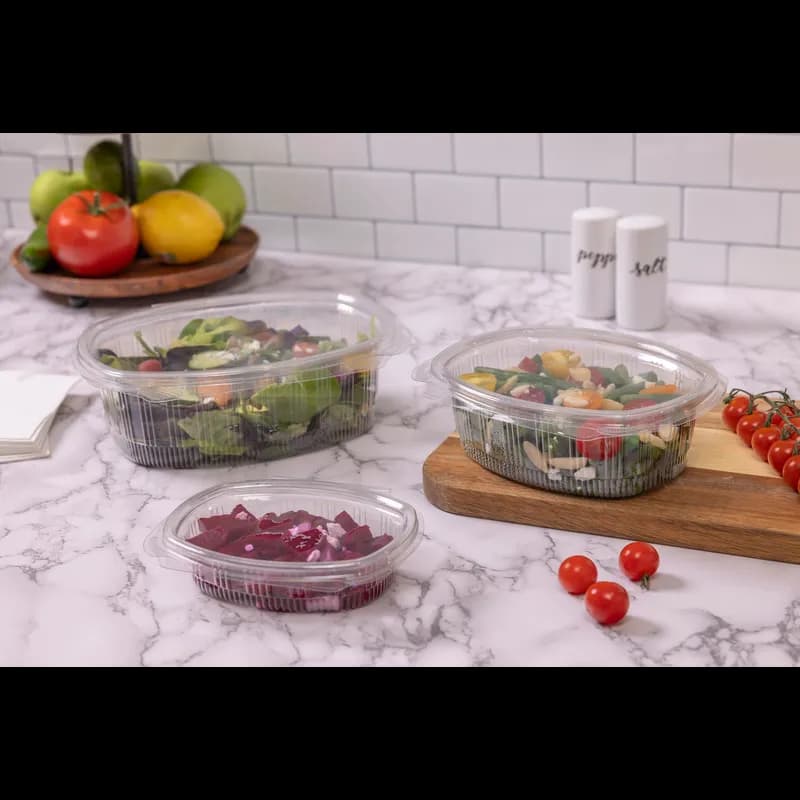 Deli Container Hinged With Flat Lid 8 OZ RPET Clear Oval 200/Case