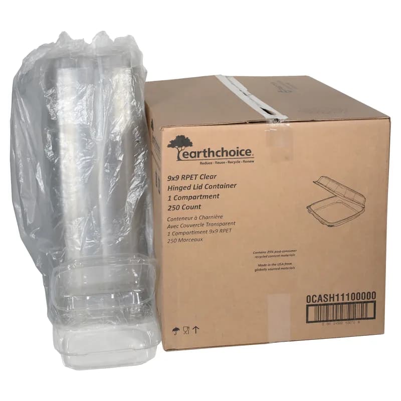 Take-Out Container Hinged With Dome Lid 8.87X9.22X2.81 IN RPET Clear Square 250/Case