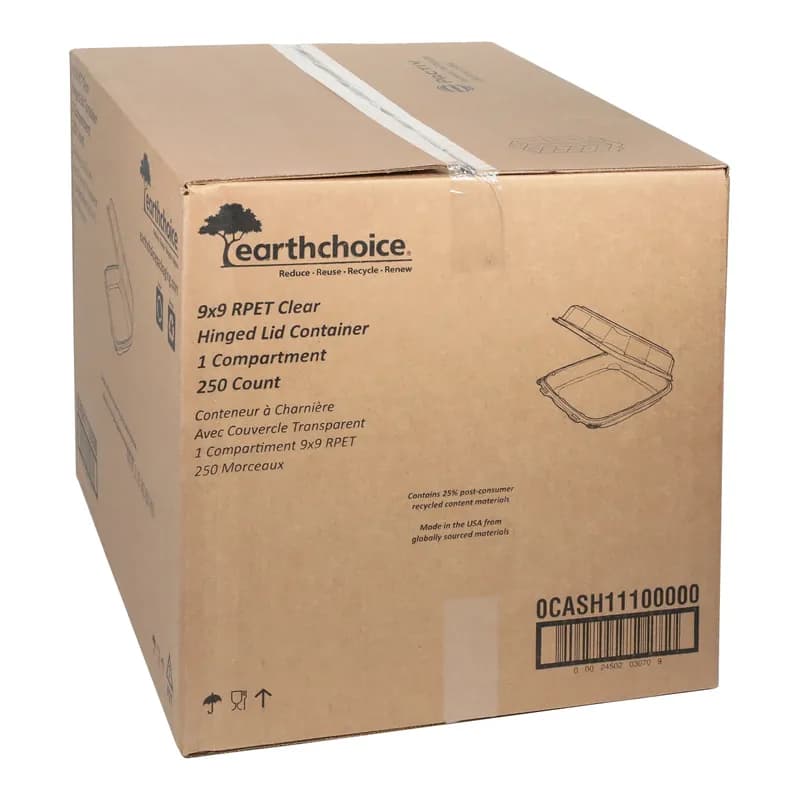 Take-Out Container Hinged With Dome Lid 8.87X9.22X2.81 IN RPET Clear Square 250/Case