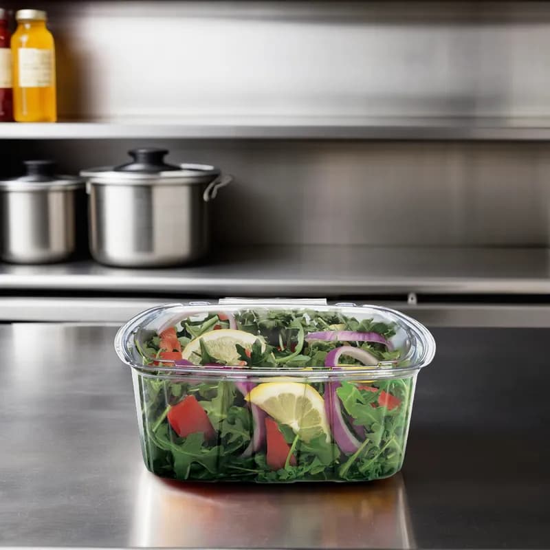 Crystal Seal® Deli Container Hinged With Flat Lid 64 OZ PET Clear Rectangle 140/Case