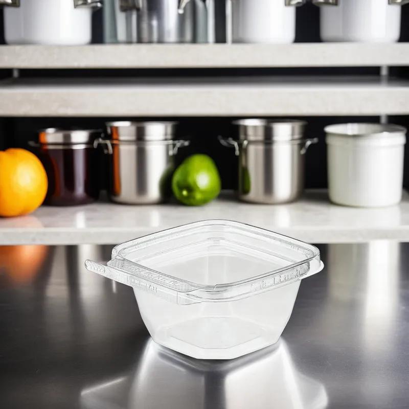 Safe-T-Fresh® Deli Container Hinged With Flat Lid 4 OZ RPET Clear Square 312/Case
