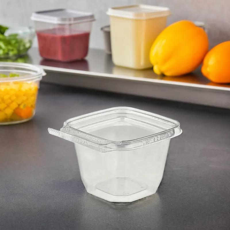 Safe-T-Fresh® Deli Container Hinged With Flat Lid 6 OZ RPET Clear Square Tamper-Evident 288/Case
