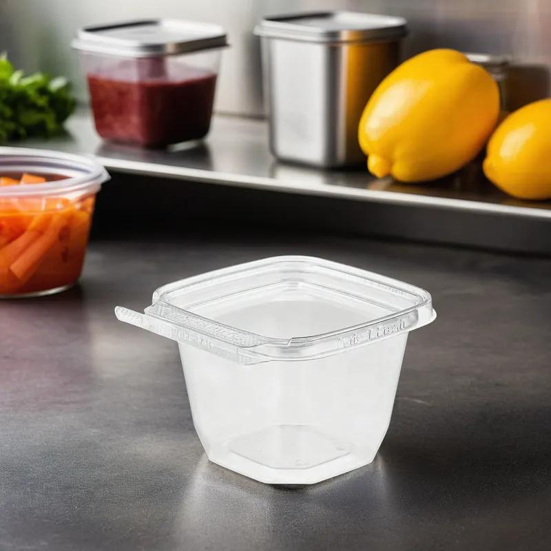 Safe-T-Fresh® Deli Container Hinged With Flat Lid 6 OZ RPET Clear Square Tamper-Evident 288/Case