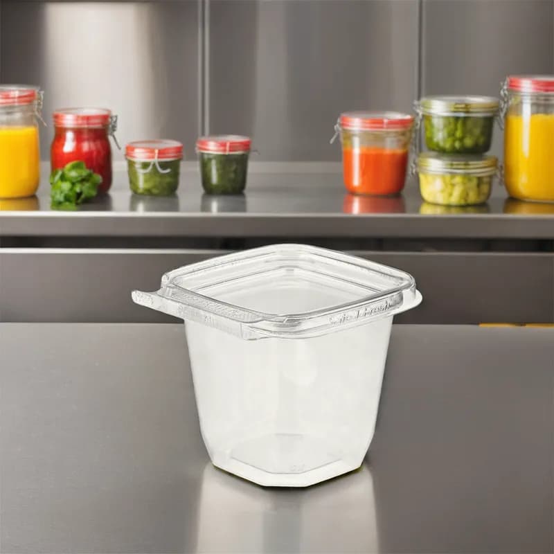 Safe-T-Fresh® Deli Container Hinged With Flat Lid 8 OZ RPET Clear Square 288/Case