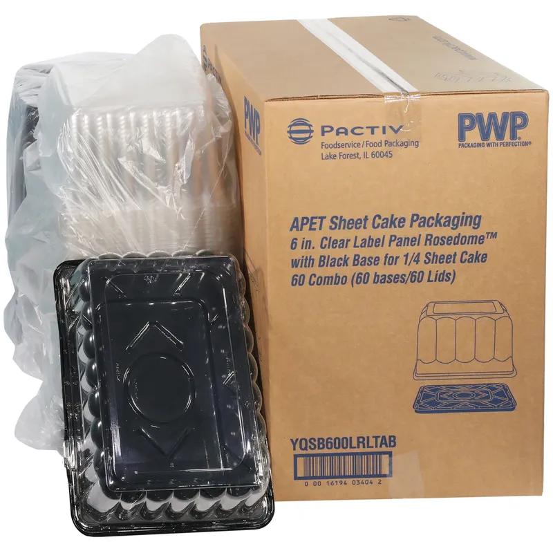 RoseDome Cake Container & Lid Combo With Dome Lid 1/4 Size 15X11X6 IN PET Clear Black Rectangle Long Tab 60/Case