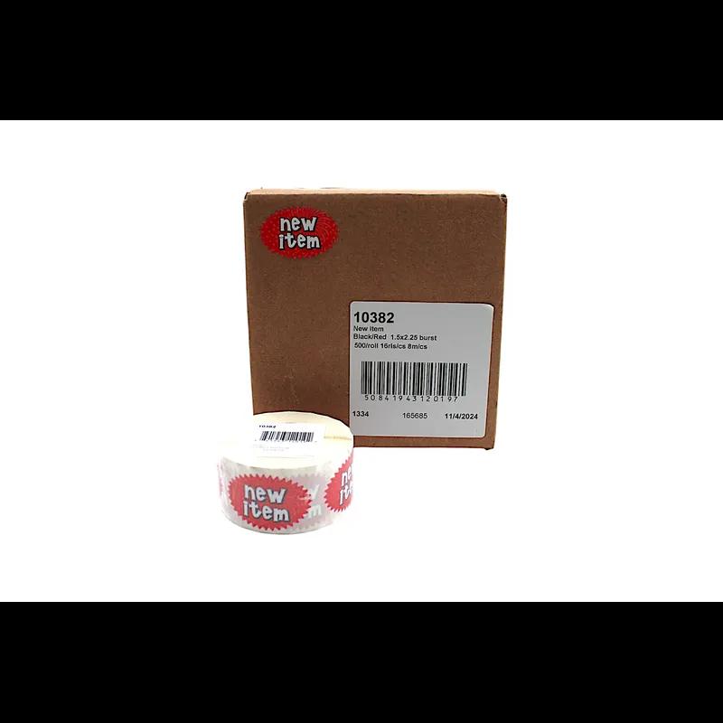 New item Promo Label 1.5X2.25 IN Black Red Starburst 500 Count/Roll 16 Rolls/Case 8000 Count/Case