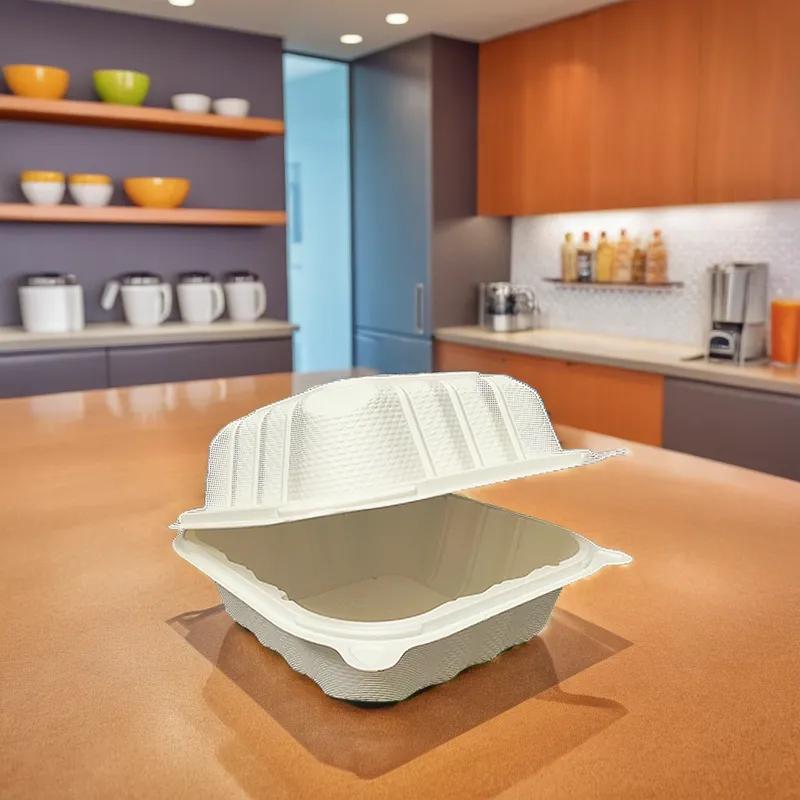 Pebble Box Take-Out Container Hinged 6X6X3.25 IN PP White Square Microwave Safe Grease Resistant 250/Case