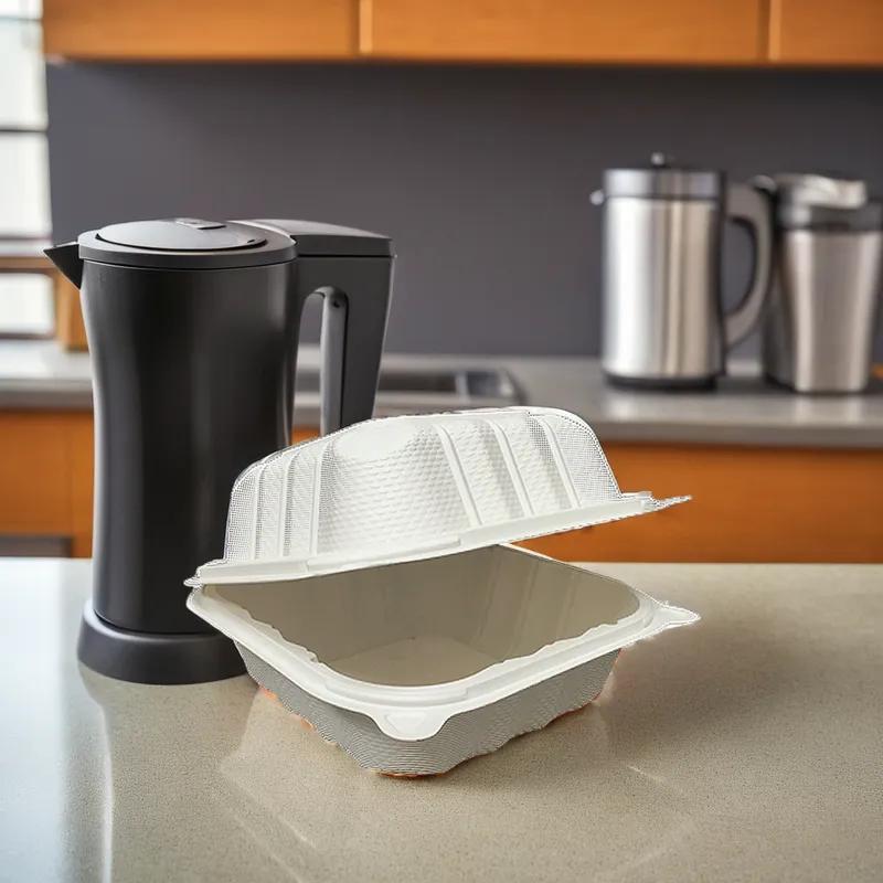 Pebble Box Take-Out Container Hinged 6X6X3.25 IN PP White Square Microwave Safe Grease Resistant 250/Case