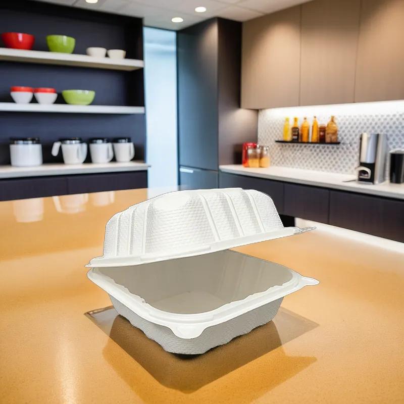 Pebble Box Take-Out Container Hinged 6X6X3.25 IN PP White Square Microwave Safe Grease Resistant 250/Case