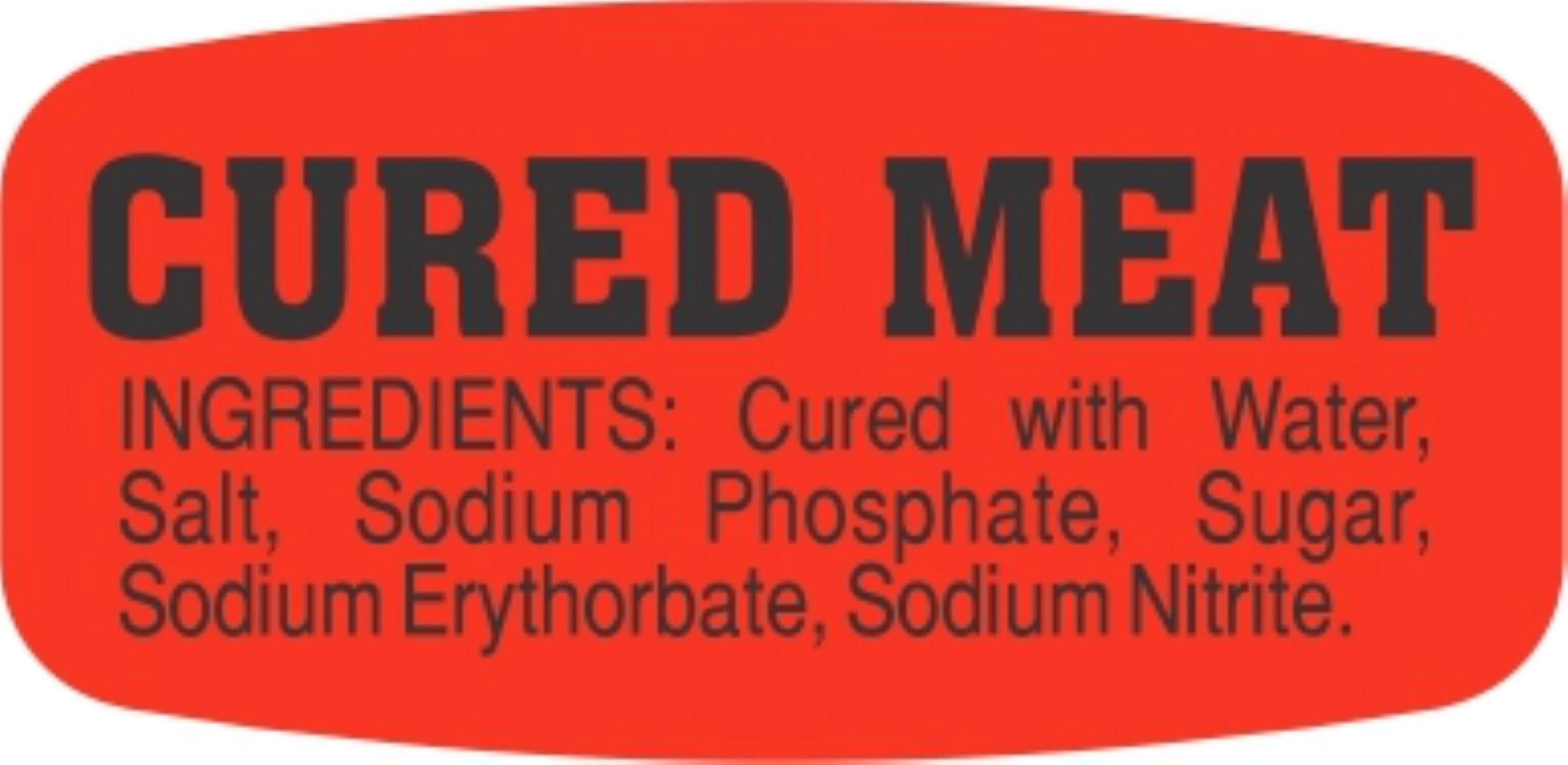 Cured Meat With Ingredients Meat Ingredient Label.625X1.25 IN Black Red Short Oval 1000 Count/Roll 50 Rolls/Case