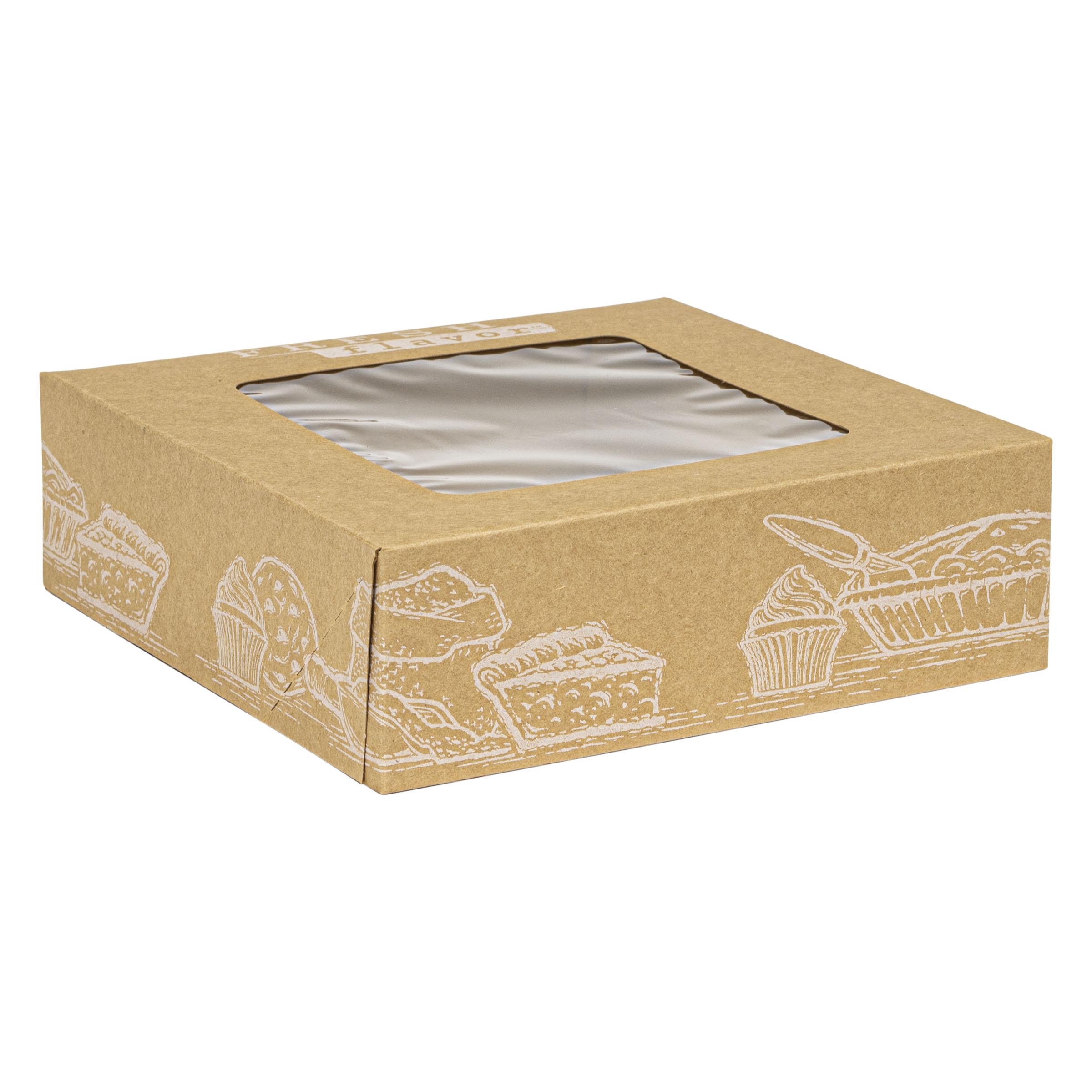 Fresh Flavor Bakery Box 8X8X2.5 IN Kraft Paperboard OPP Kraft Square With Window 100/Case