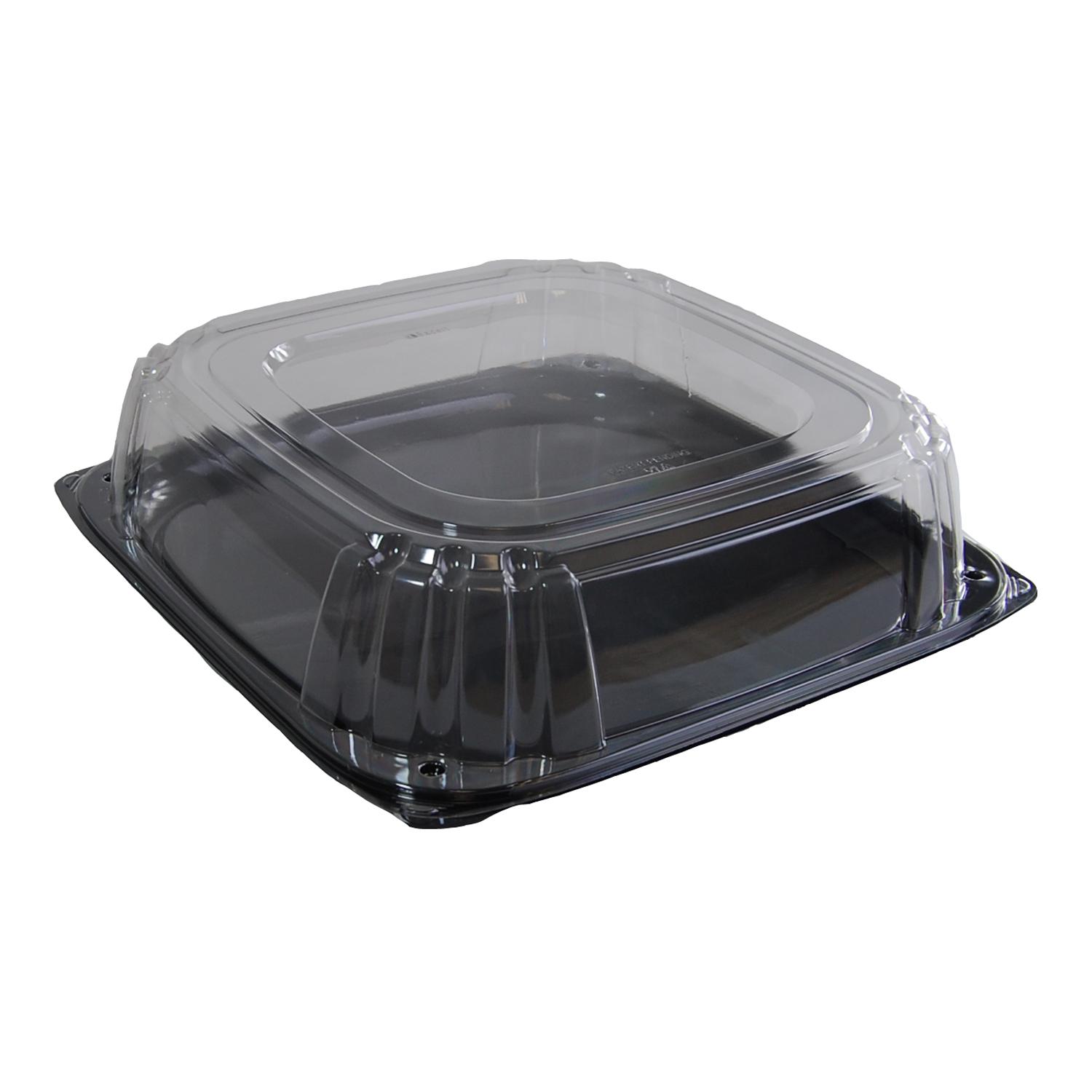 UltraStack® Serving Tray Base & Lid Combo With Dome Lid 16X16X4.65 IN PET Black Clear Square 25/Case