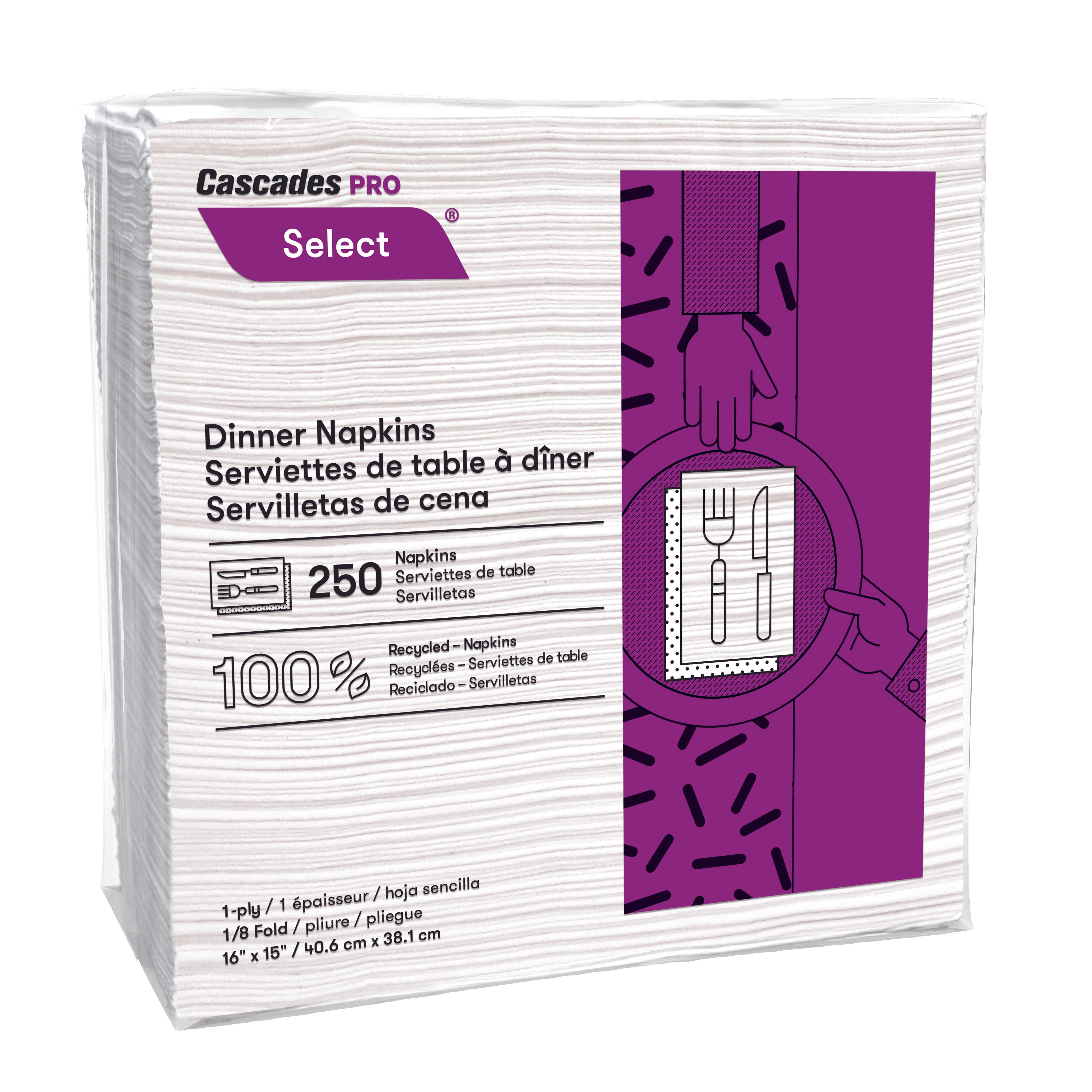 Cascades PRO Select® Dinner Napkins 15X17 IN Paper 1PLY 1/8 Fold 3000/Case
