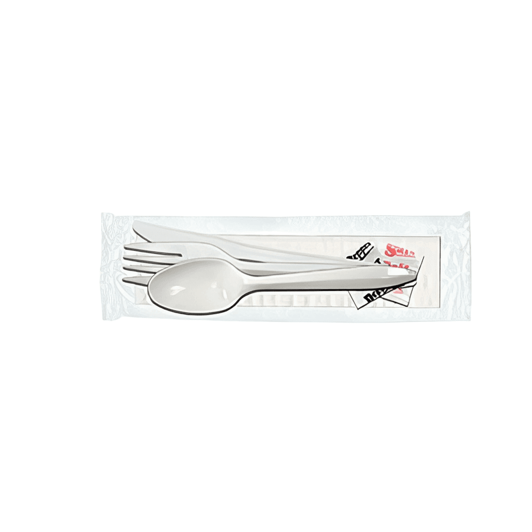 Victoria Bay 6PC Cutlery Kit PP White Medium Weight With 13X17 Napkin,Fork,Knife,Salt & Pepper,Soup Spoon 250/Case