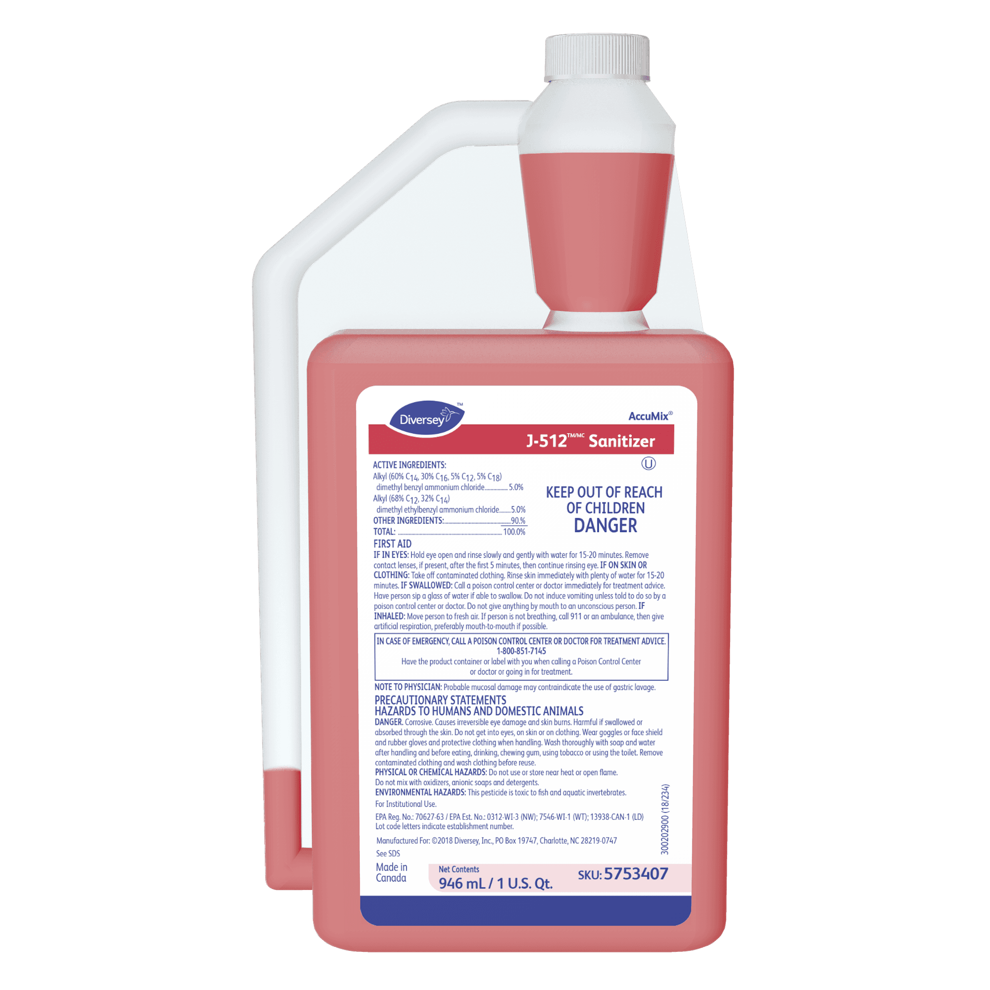 J-512 Sanitizer 32 FLOZ Multi Surface Liquid Concentrate Quat Kosher 6/Case