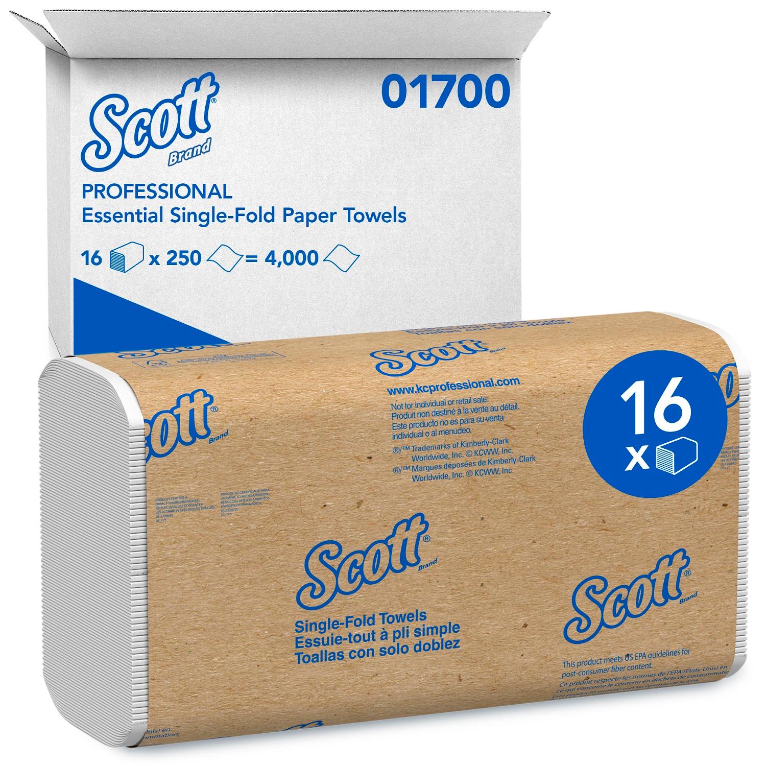 Scott® Folded Paper Towel 9.3X10.5 IN White Single Fold Bleached 250 Sheets/Pack 16 Packs/Case 4000 Sheets/Case
