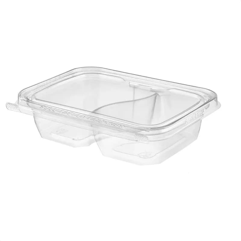 Safe-T-Fresh® Deli Container Hinged With Flat Lid 16 OZ 2 Compartment RPET Clear Rectangle 200/Case