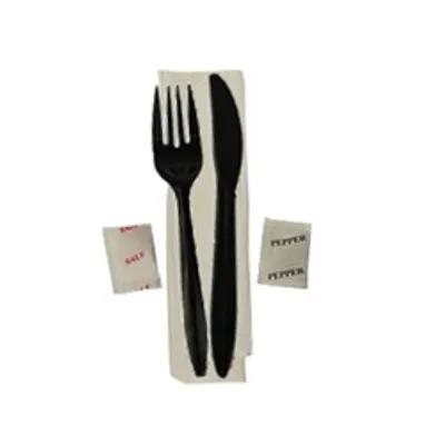 5PC Cutlery Kit PP Black Heavy Duty With 13X17 Napkin,Fork,Knife,Salt & Pepper 250/Case