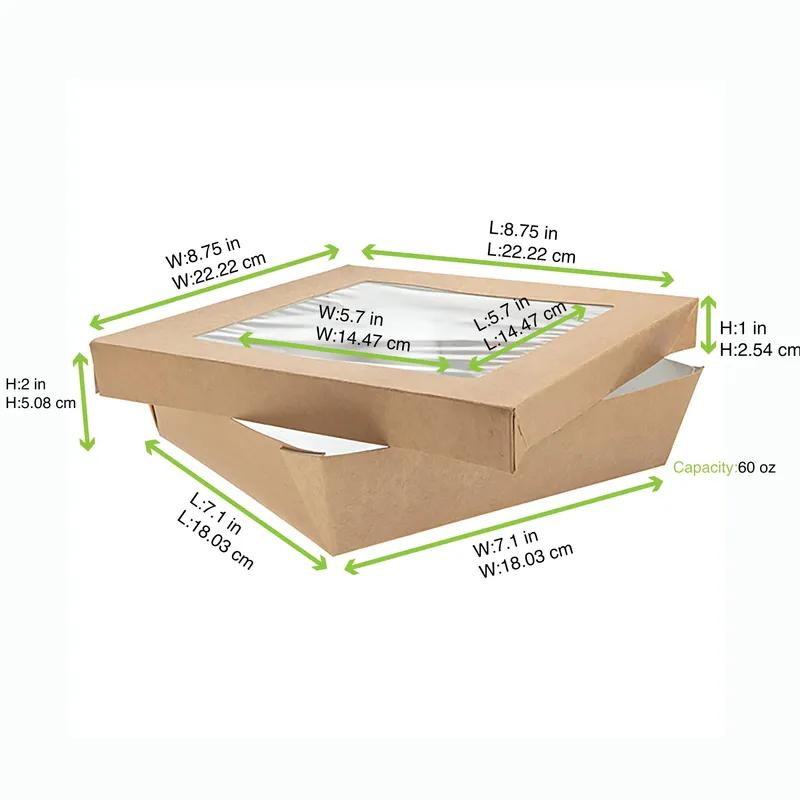Kray Bakery Box 60 OZ 7.1X7.1X2 IN Corrugated Paperboard Kraft With Window 50 Count/Pack 4 Packs/Case 200 Count/Case