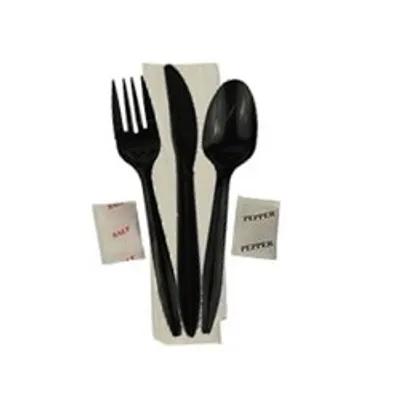 6PC Cutlery Kit PP Black Medium Weight With 13X17 Napkin,Fork,Knife,Salt & Pepper,Teaspoon 250/Case