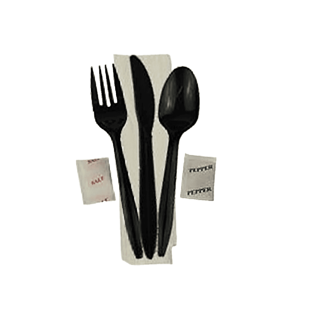 Victoria Bay 6PC Cutlery Kit PP Black Medium Weight With 13X17 Napkin,Fork,Knife,Salt & Pepper,Teaspoon 250/Case