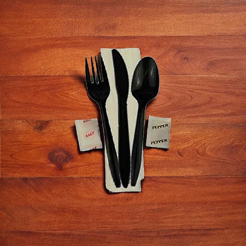 Victoria Bay 6PC Cutlery Kit PP Black Medium Weight With 13X17 Napkin,Fork,Knife,Salt & Pepper,Teaspoon 250/Case