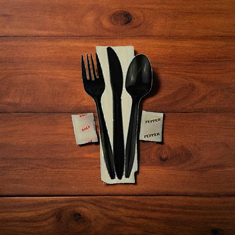 Victoria Bay 6PC Cutlery Kit PP Black Medium Weight With 13X17 Napkin,Fork,Knife,Salt & Pepper,Teaspoon 250/Case