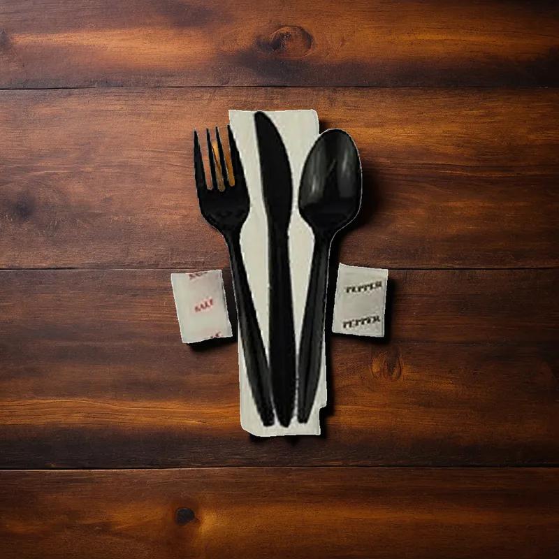 Victoria Bay 6PC Cutlery Kit PP Black Medium Weight With 13X17 Napkin,Fork,Knife,Salt & Pepper,Teaspoon 250/Case