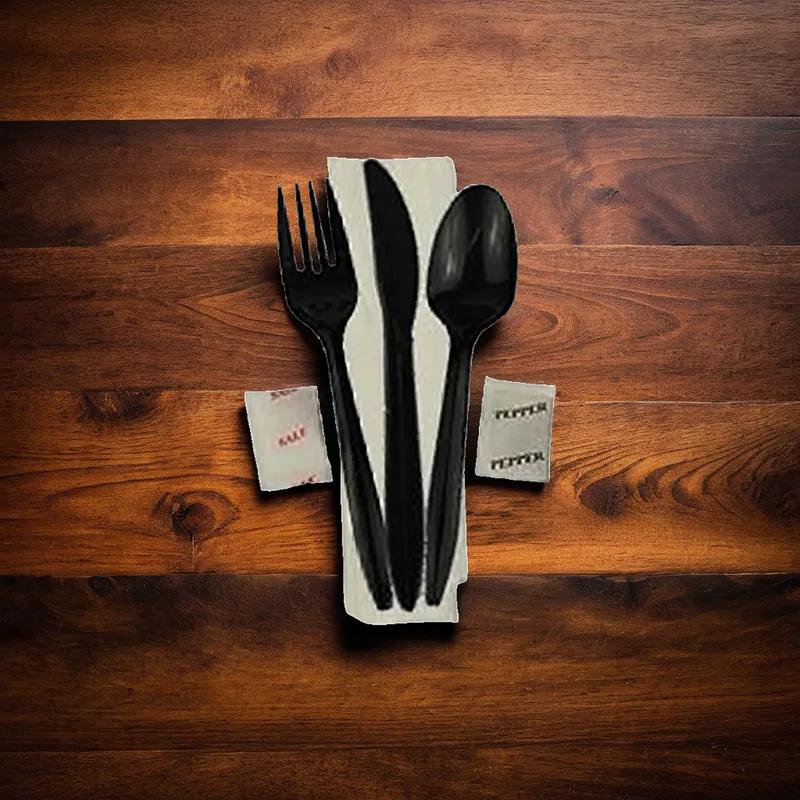 Victoria Bay 6PC Cutlery Kit PP Black Medium Weight With 13X17 Napkin,Fork,Knife,Salt & Pepper,Teaspoon 250/Case
