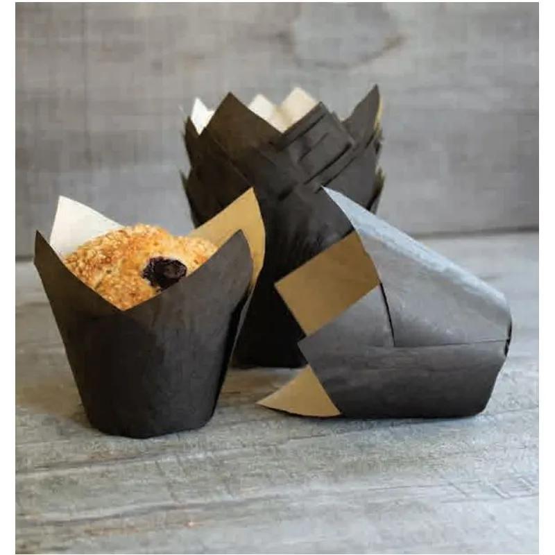 Baking Cup Jumbo 4 OZ 8X3.5 IN Paper Black Round Tulip Grease Resistant 2000/Case