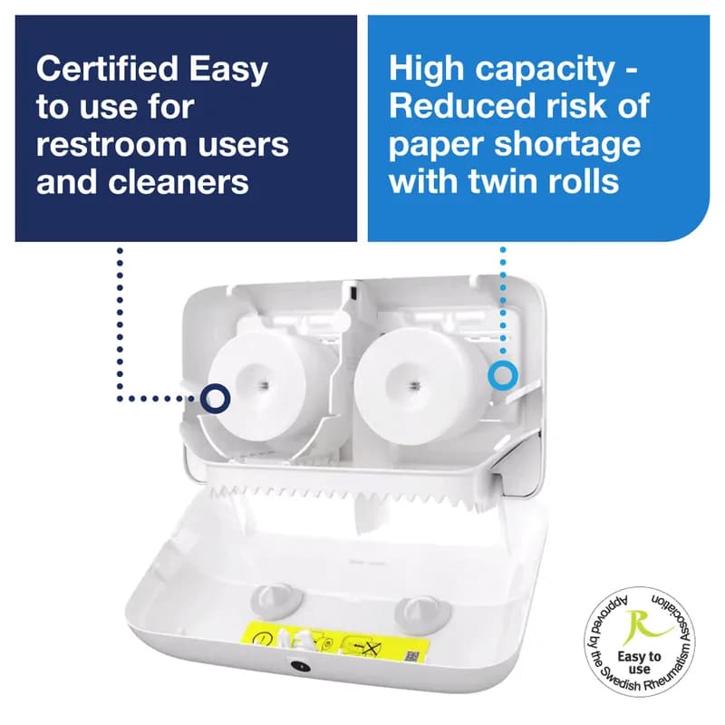 Tork T7 Toilet Paper Dispenser 5.078X14.173X8.228 IN Plastic Wall Mount White Coreless Side-by-Side High Capacity 1/Each