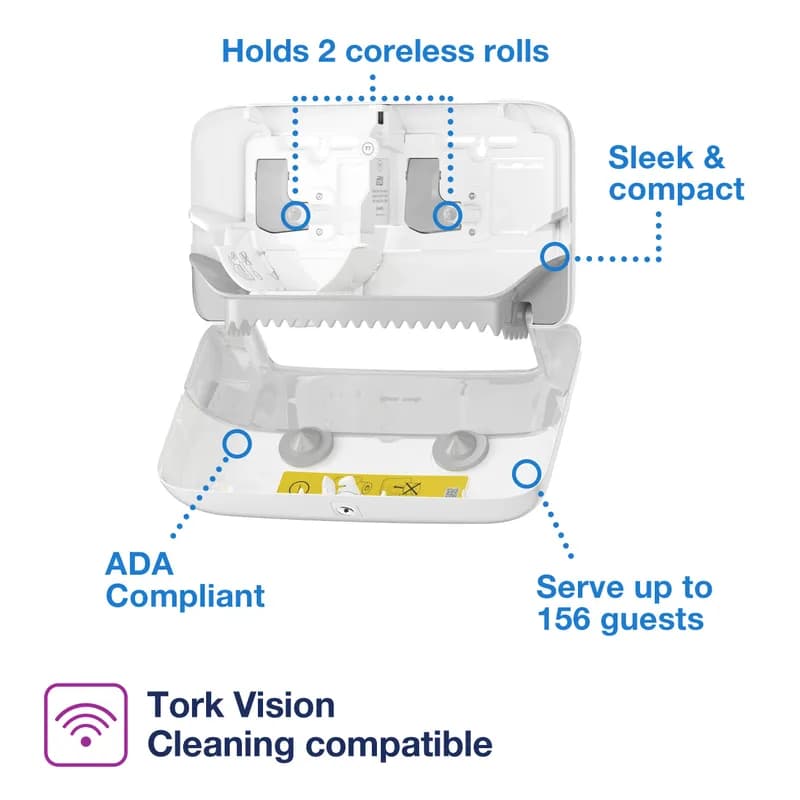 Tork T7 Toilet Paper Dispenser 5.078X14.173X8.228 IN Plastic Wall Mount White Coreless Side-by-Side High Capacity 1/Each