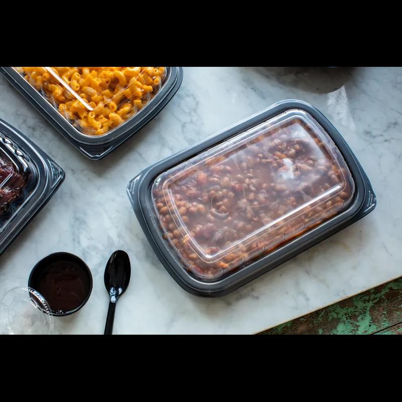 Half Rib Take-Out Container Base & Lid Combo With Dome Lid 34.3 OZ MFPP OPS Black Clear Rectangle Anti-Fog 90/Case