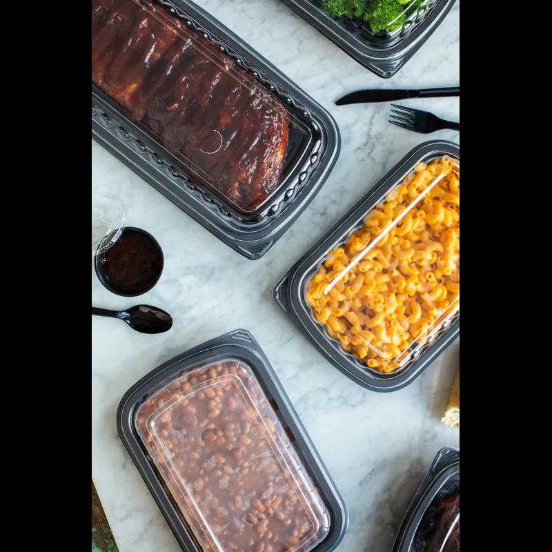 Half Rib Take-Out Container Base & Lid Combo With Dome Lid 34.3 OZ MFPP OPS Black Clear Rectangle Anti-Fog 90/Case