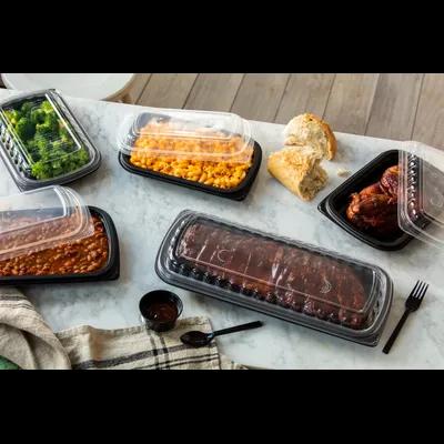 Half Rib Take-Out Container Base & Lid Combo With Dome Lid 34.3 OZ MFPP OPS Black Clear Rectangle Anti-Fog 90/Case