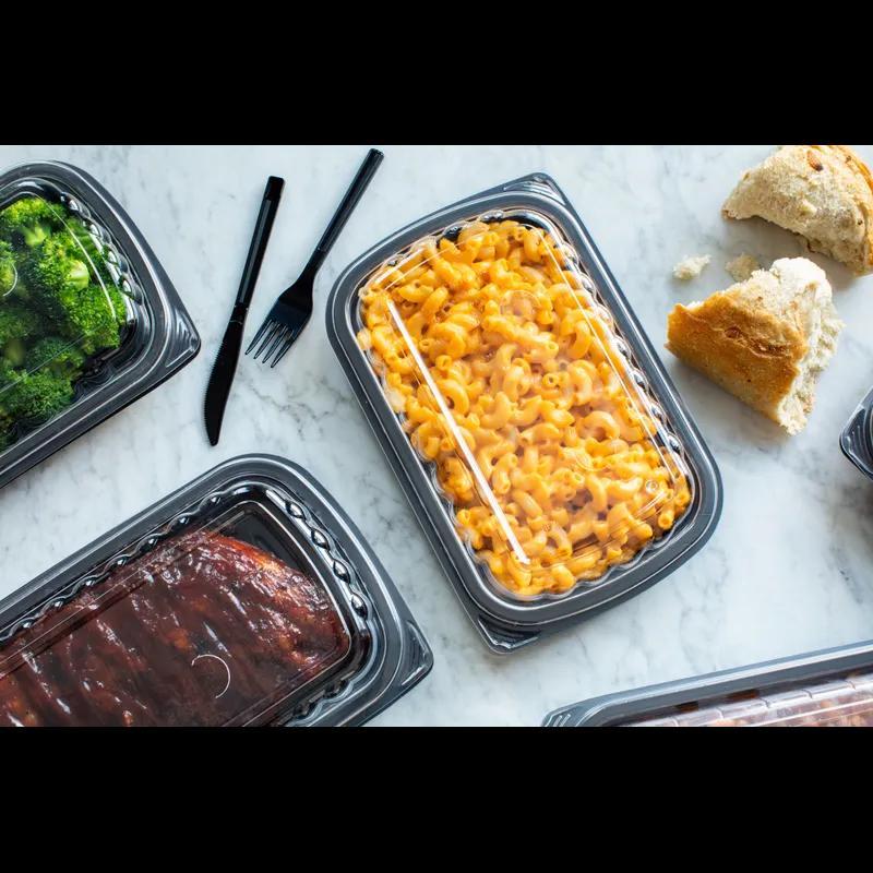 Half Rib Take-Out Container Base & Lid Combo With Dome Lid 34.3 OZ MFPP OPS Black Clear Rectangle Anti-Fog 90/Case