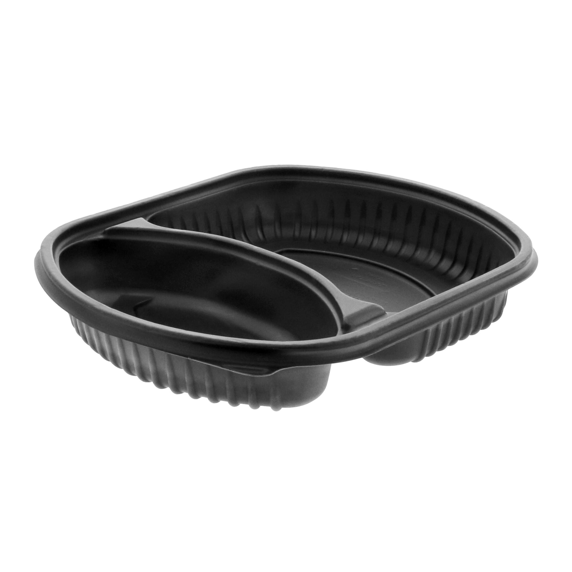 Take-Out Container Base With Dome Lid Large (LG) 9.375X8X1.5 IN 2 Compartment MFPP Black Rectangle 250/Case