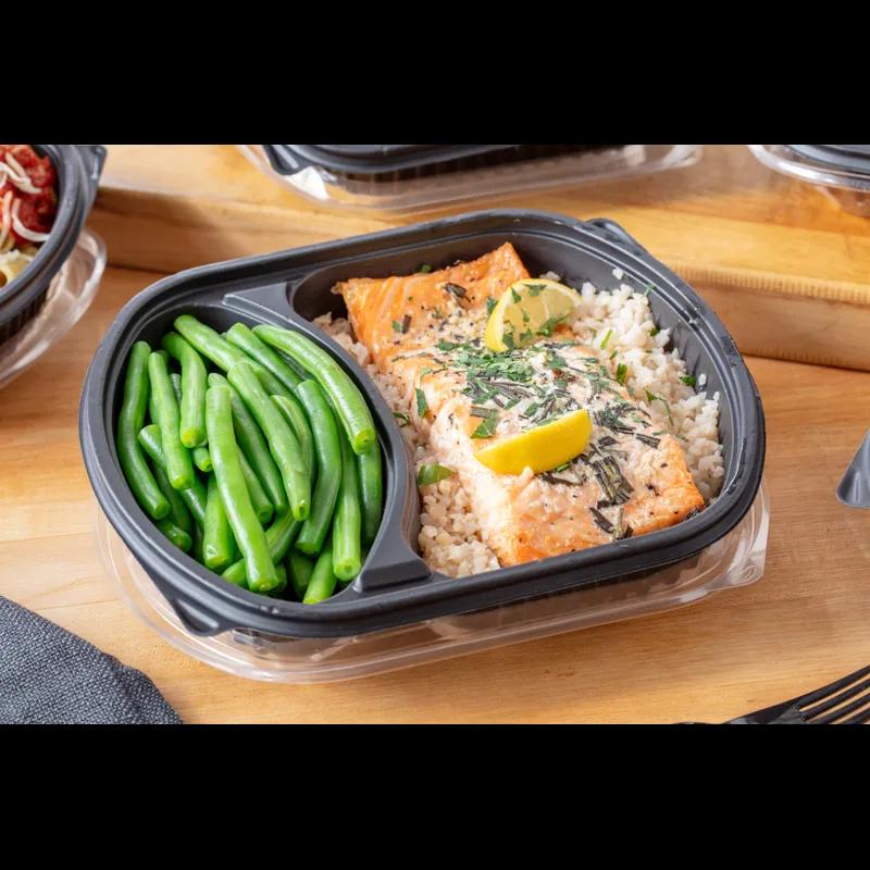 Take-Out Container Base With Dome Lid Large (LG) 9.375X8X1.5 IN 2 Compartment MFPP Black Rectangle 250/Case