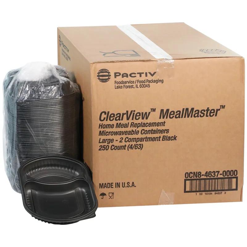 Take-Out Container Base With Dome Lid Large (LG) 9.375X8X1.5 IN 2 Compartment MFPP Black Rectangle 250/Case