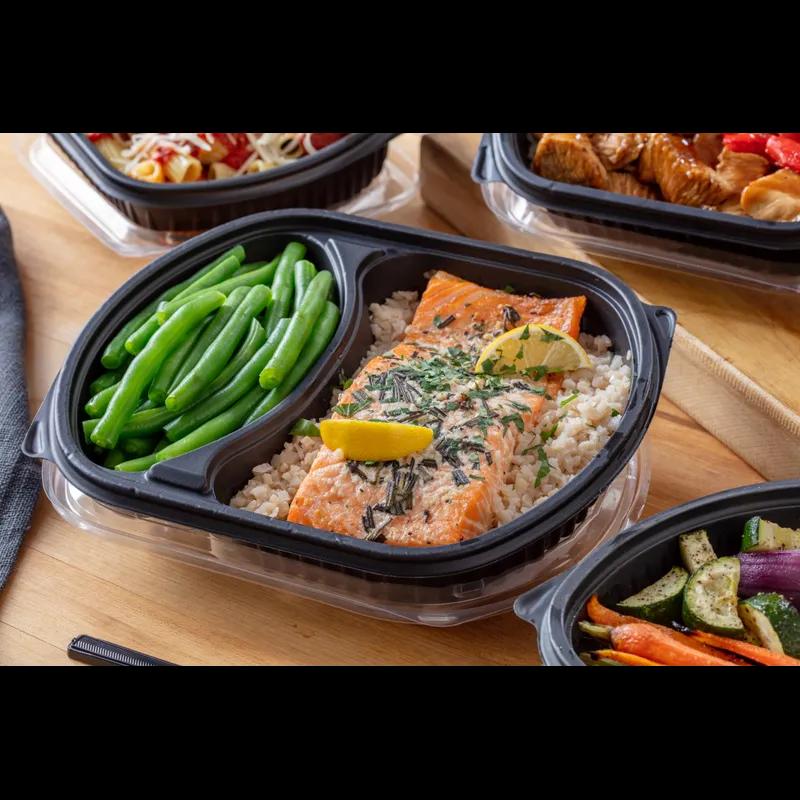 Take-Out Container Base With Dome Lid Large (LG) 9.375X8X1.5 IN 2 Compartment MFPP Black Rectangle 250/Case