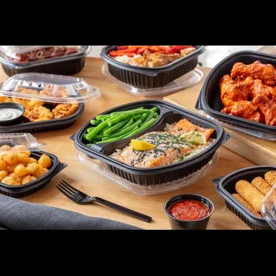 Take-Out Container Base With Dome Lid Large (LG) 9.375X8X1.5 IN 2 Compartment MFPP Black Rectangle 250/Case