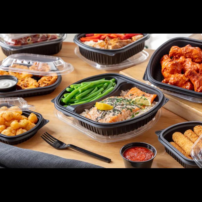 Take-Out Container Base With Dome Lid Large (LG) 9.375X8X1.5 IN 2 Compartment MFPP Black Rectangle 250/Case