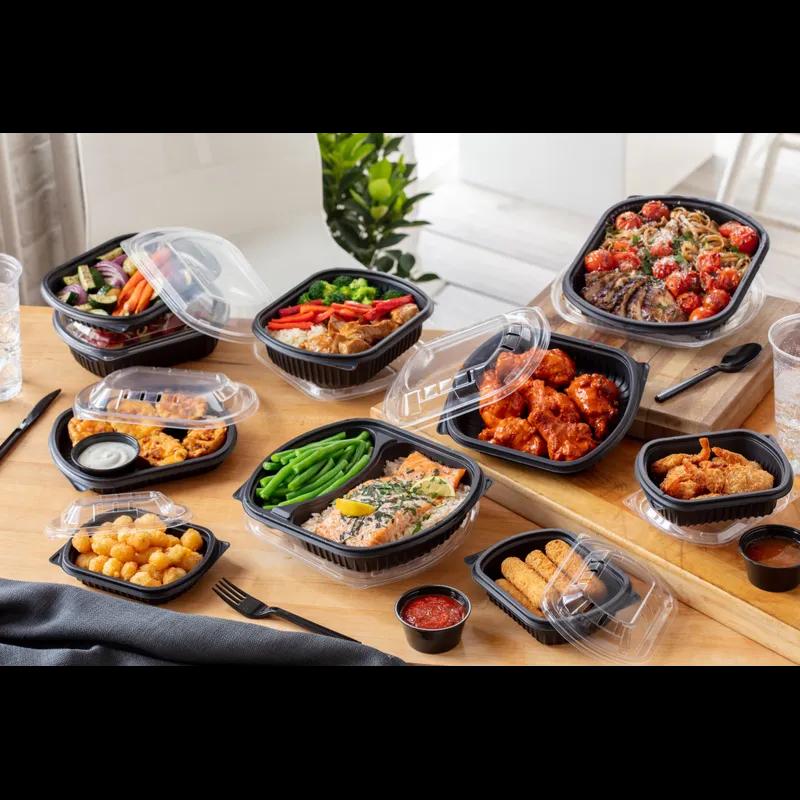 Take-Out Container Base With Dome Lid Large (LG) 9.375X8X1.5 IN 2 Compartment MFPP Black Rectangle 250/Case