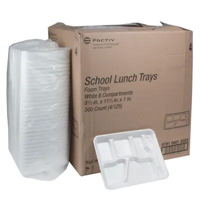 Cafeteria & School Lunch Tray 8.5X11.5X1.25 IN 6 Compartment Polystyrene Foam White Rectangle 500/Case