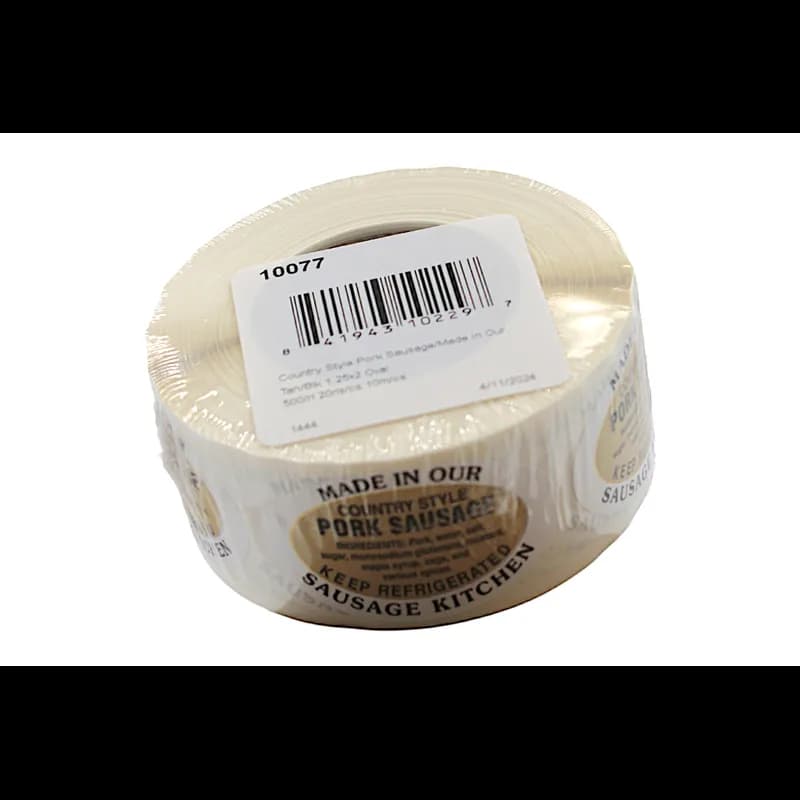 Country Style Pork Sausage Made in Our Sausage Kitchen Ingredient Label 1.25X2 IN Tan Black Oval 500 Count/Roll 20 Rolls/Case