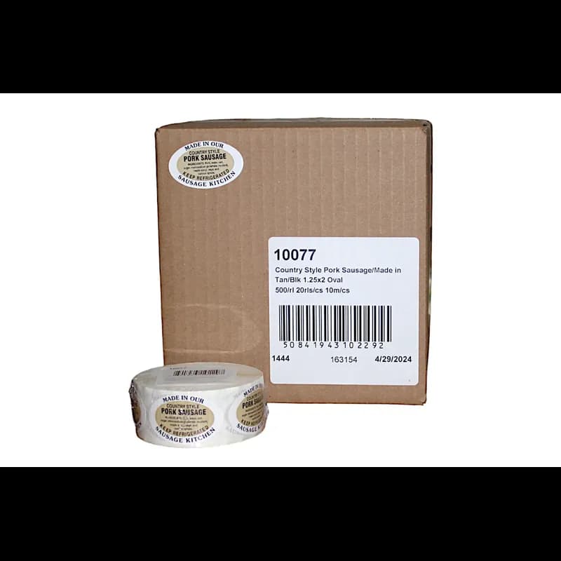 Country Style Pork Sausage Made in Our Sausage Kitchen Ingredient Label 1.25X2 IN Tan Black Oval 500 Count/Roll 20 Rolls/Case