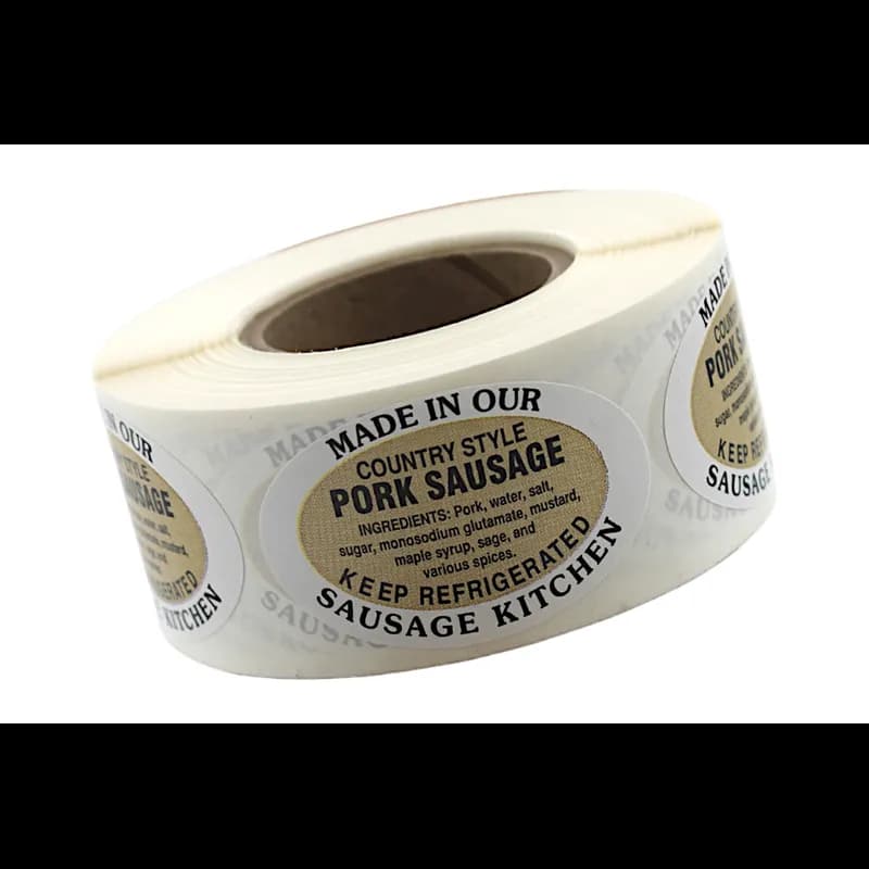 Country Style Pork Sausage Made in Our Sausage Kitchen Ingredient Label 1.25X2 IN Tan Black Oval 500 Count/Roll 20 Rolls/Case